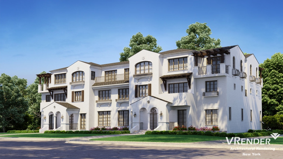 Högkvalitativ 3D-rendering av ett modernt bostadshus, illustrerar digital visualiseringsteknik inom fastigheter.