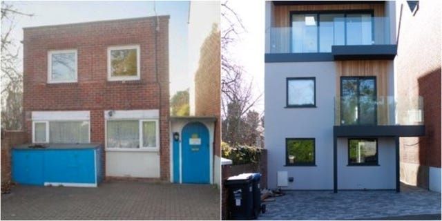 Äldre tegelhus bredvid ett nyrenoverat, modernt bostadshus